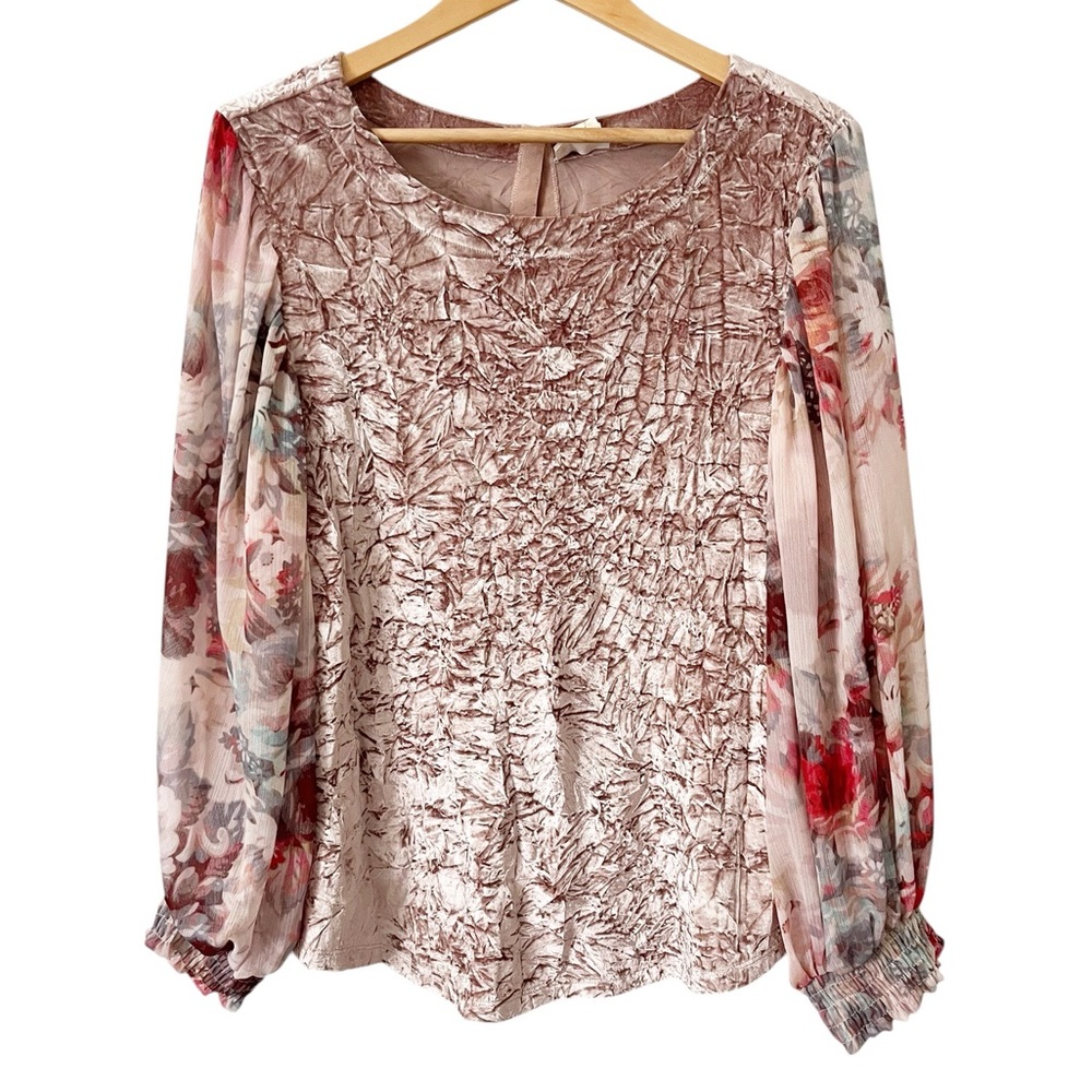 Meadow Rue Anthropologie Pink Crushed Velvet Floral Balloon Sleeve Blouse